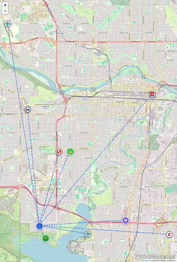 Daily accessibility map for 6826 LOCKE CO SW, Calgary showing nearby schools, grocery stores, parks, LRT stations and nearby amenities