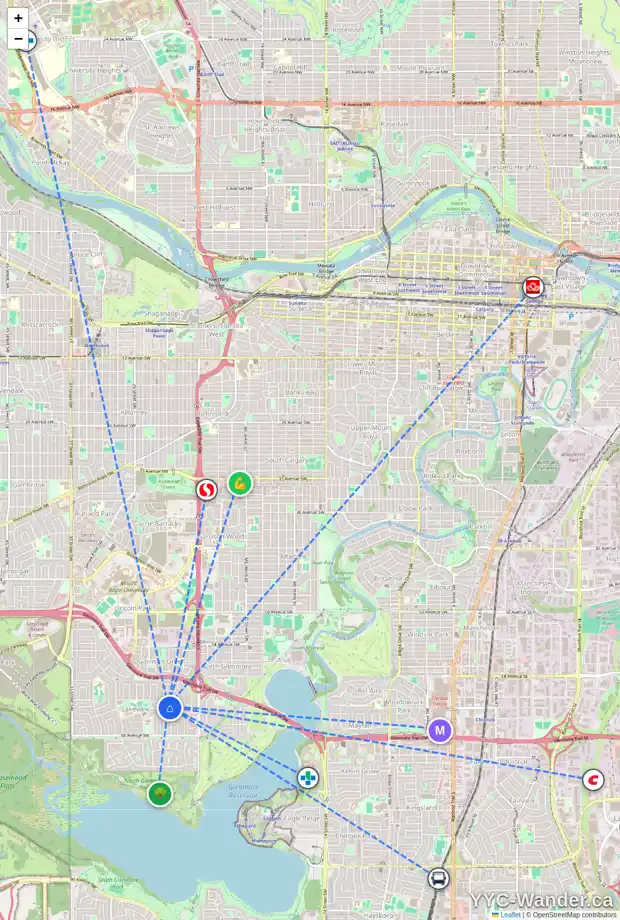 Daily accessibility map for 2808 63 AV SW, Calgary showing nearby schools, grocery stores, parks, LRT stations and nearby amenities