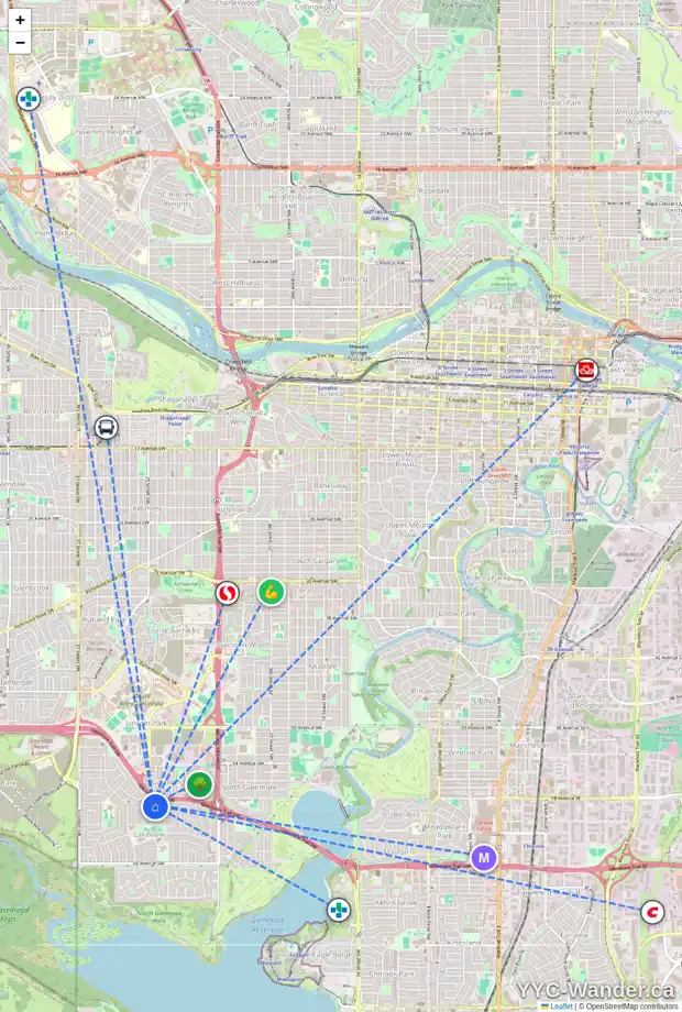 Daily accessibility map for 3130 LEDUC CR SW, Calgary showing nearby schools, grocery stores, parks, LRT stations and nearby amenities
