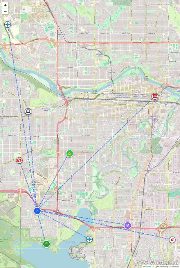 Daily accessibility map for 6107 LOCKINVAR RD SW, Calgary showing nearby schools, grocery stores, parks, LRT stations and nearby amenities