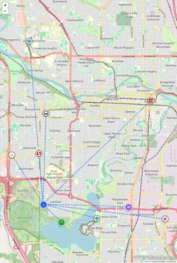 Daily accessibility map for 6428 LAW DR SW, Calgary showing nearby schools, grocery stores, parks, LRT stations and nearby amenities