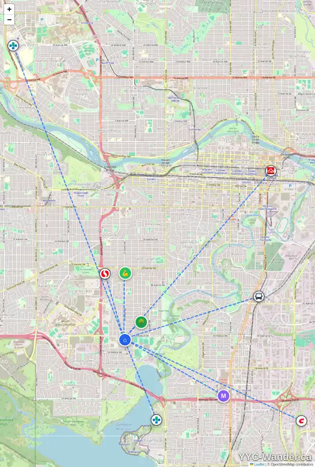 Daily accessibility map for 2106 51 AV SW, Calgary showing nearby schools, grocery stores, parks, LRT stations and nearby amenities