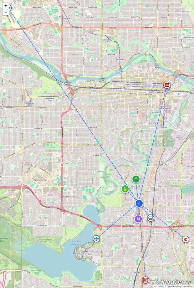 Daily accessibility map for 315 505 56 AV SW, Calgary showing nearby schools, grocery stores, parks, LRT stations and nearby amenities