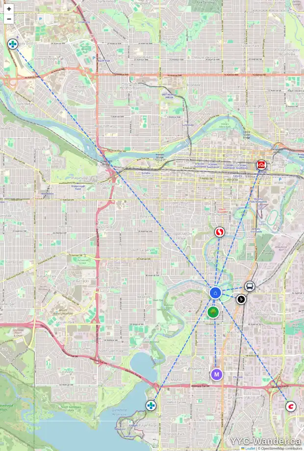 Daily accessibility map for 4218 5 ST SW, Calgary showing nearby schools, grocery stores, parks, LRT stations and nearby amenities