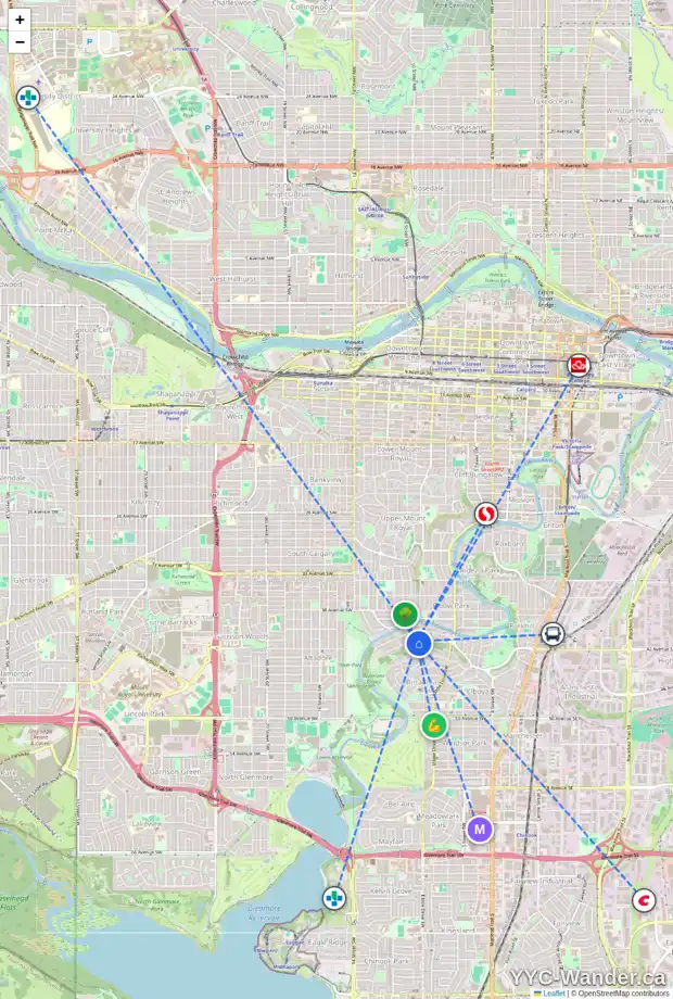 Daily accessibility map for 933 LANSDOWNE AV SW, Calgary showing nearby schools, grocery stores, parks, LRT stations and nearby amenities