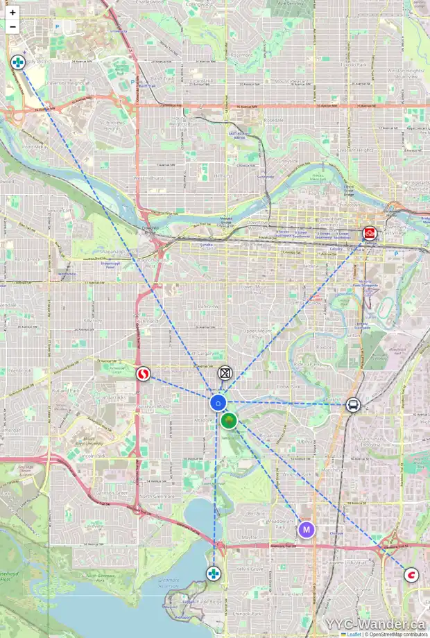 Daily accessibility map for 4024 15 ST SW, Calgary showing nearby schools, grocery stores, parks, LRT stations and nearby amenities