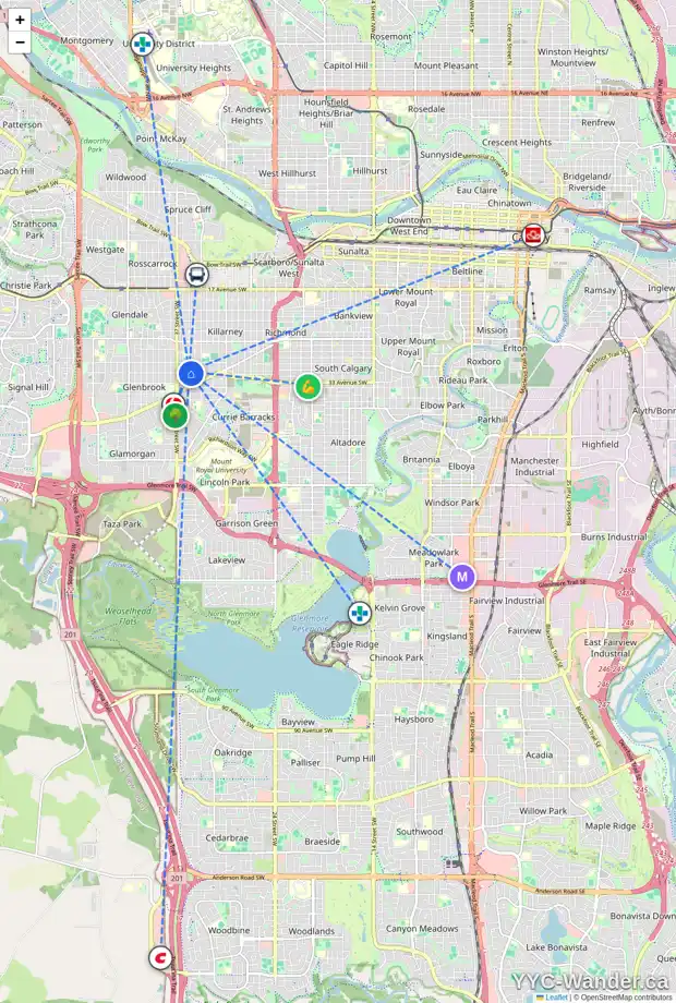 Daily accessibility map for 3215 KILKENNY RD SW, Calgary showing nearby schools, grocery stores, parks, LRT stations and nearby amenities