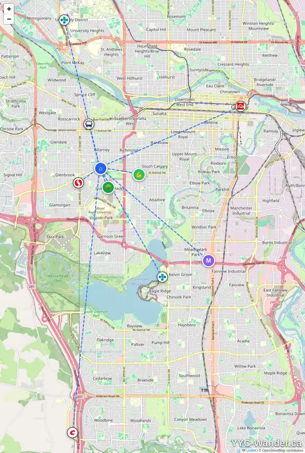 Daily accessibility map for 3232 30 ST SW, Calgary showing nearby schools, grocery stores, parks, LRT stations and nearby amenities