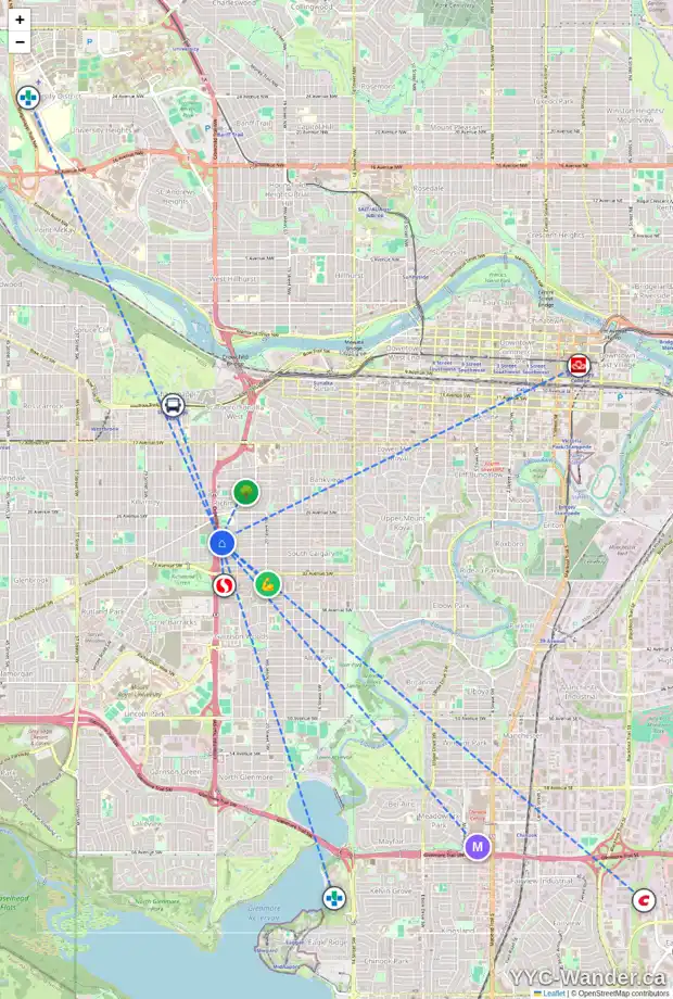 Daily accessibility map for 2451 29 AV SW, Calgary showing nearby schools, grocery stores, parks, LRT stations and nearby amenities
