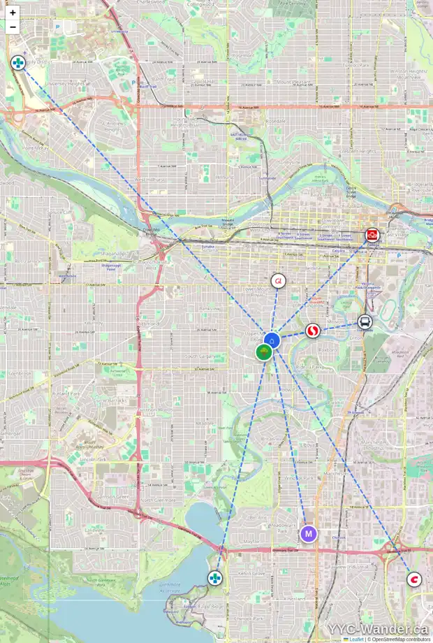 Daily accessibility map for 2705 8 ST SW, Calgary showing nearby schools, grocery stores, parks, LRT stations and nearby amenities