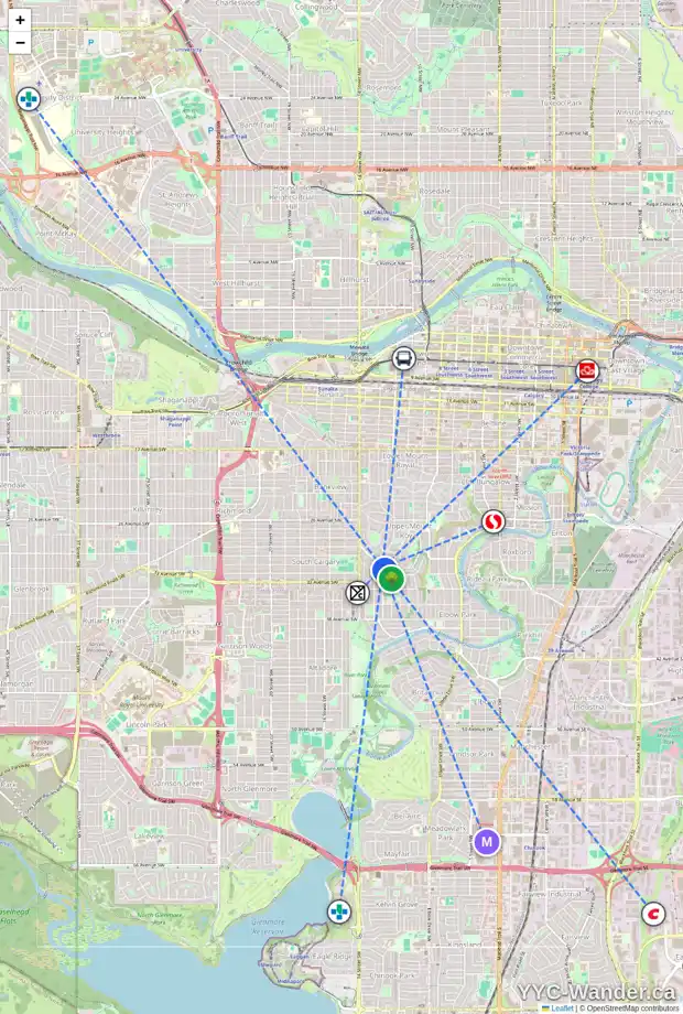 Daily accessibility map for 3115 CARLETON ST SW, Calgary showing nearby schools, grocery stores, parks, LRT stations and nearby amenities