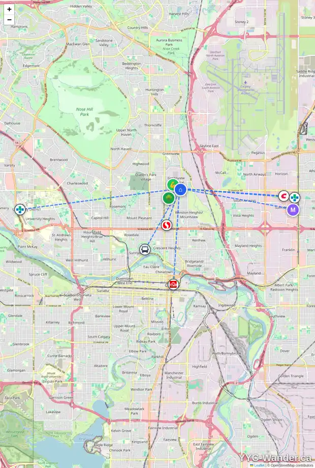 Daily accessibility map for 419 33 AV NE, Calgary showing nearby schools, grocery stores, parks, LRT stations and nearby amenities