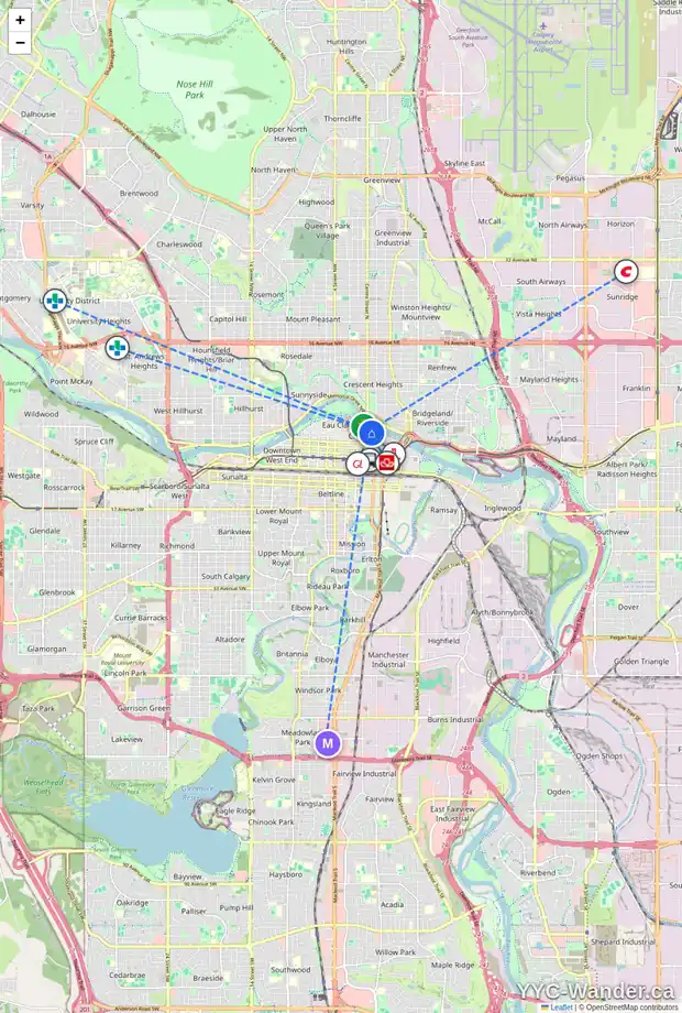 Daily accessibility map for 512 110 2 AV SE, Calgary showing nearby schools, grocery stores, parks, LRT stations and nearby amenities