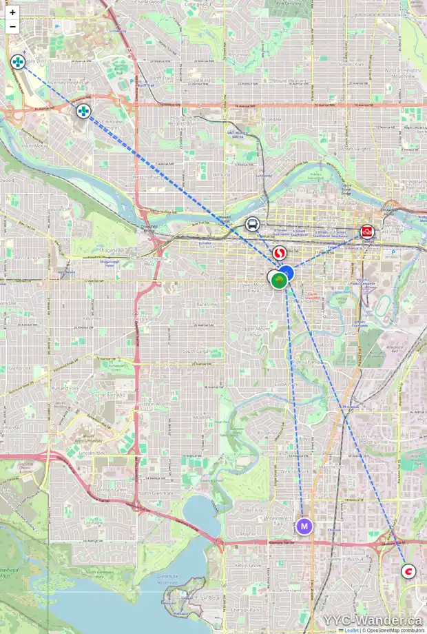 Daily accessibility map for 740 15 AV SW, Calgary showing nearby schools, grocery stores, parks, LRT stations and nearby amenities