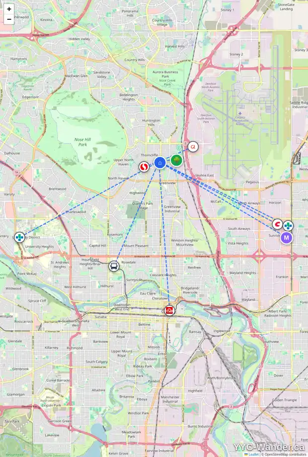 Daily accessibility map for 5920 BUCKTHORN RD NW, Calgary showing nearby schools, grocery stores, parks, LRT stations and nearby amenities