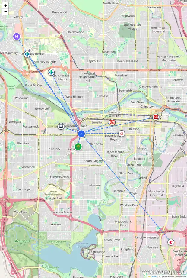 Daily accessibility map for 1606 SUMMIT ST SW, Calgary showing nearby schools, grocery stores, parks, LRT stations and nearby amenities