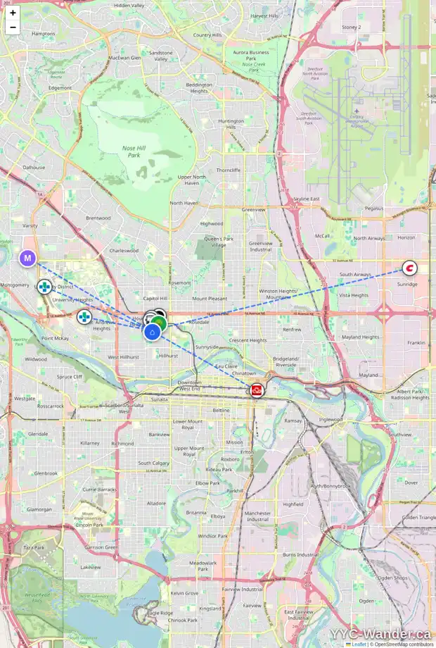 Daily accessibility map for 1208 18 ST NW, Calgary showing nearby schools, grocery stores, parks, LRT stations and nearby amenities