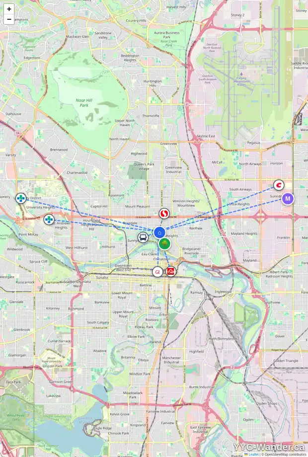 Daily accessibility map for 135 10 AV NW, Calgary showing nearby schools, grocery stores, parks, LRT stations and nearby amenities