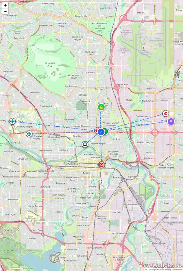 Daily accessibility map for 233 17 AV NE, Calgary showing nearby schools, grocery stores, parks, LRT stations and nearby amenities
