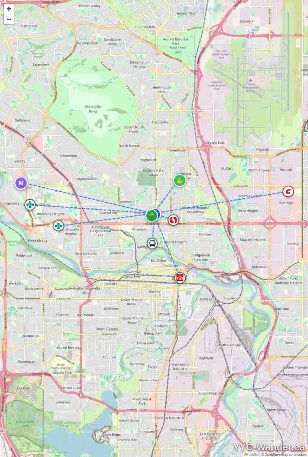 Daily accessibility map for 532 20 AV NW, Calgary showing nearby schools, grocery stores, parks, LRT stations and nearby amenities