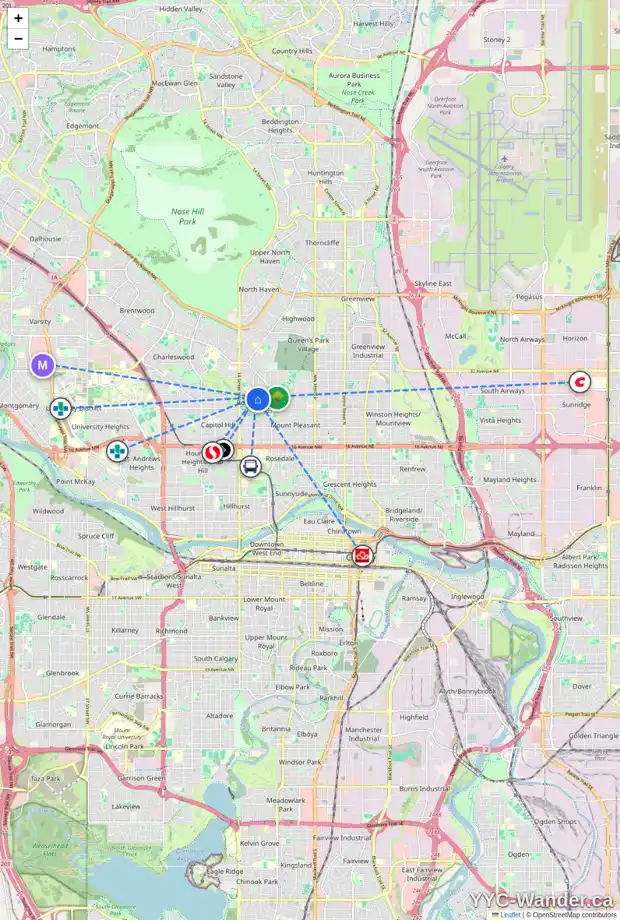 Daily accessibility map for 96 ROSERY DR NW, Calgary showing nearby schools, grocery stores, parks, LRT stations and nearby amenities