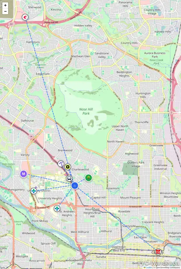Daily accessibility map for 2640 CAPITOL HILL CR NW, Calgary showing nearby schools, grocery stores, parks, LRT stations and nearby amenities