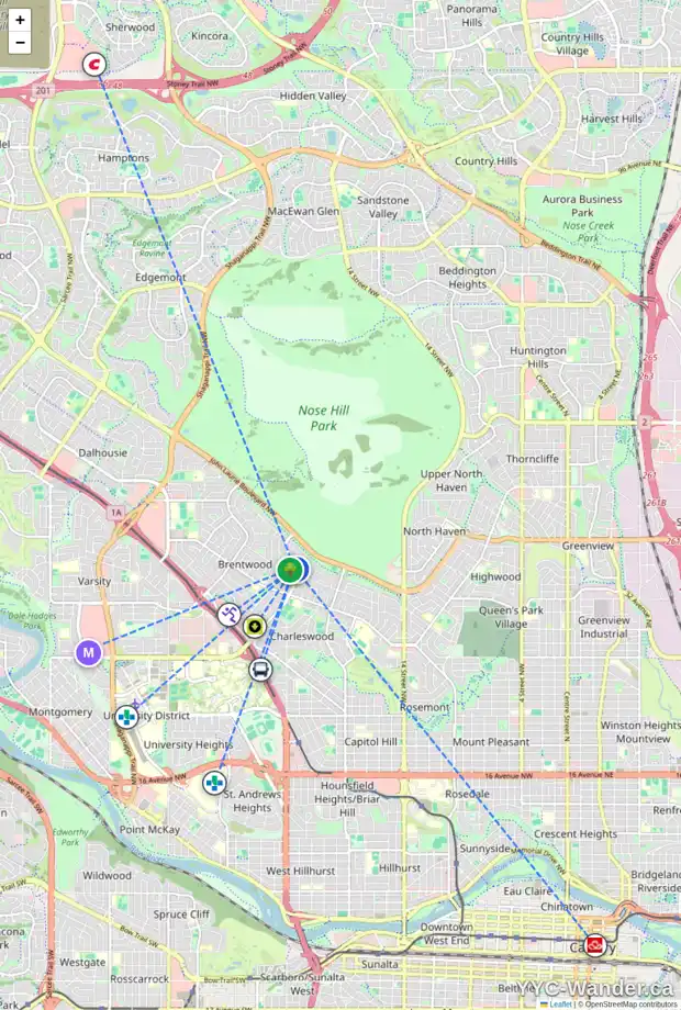 Daily accessibility map for 266 CARRAGANA CR NW, Calgary showing nearby schools, grocery stores, parks, LRT stations and nearby amenities