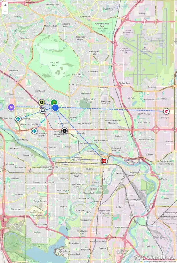 Daily accessibility map for 2036 CHICOUTIMI DR NW, Calgary showing nearby schools, grocery stores, parks, LRT stations and nearby amenities