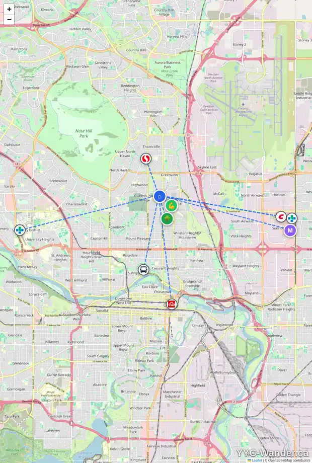 Daily accessibility map for 3910 1 ST NW, Calgary showing nearby schools, grocery stores, parks, LRT stations and nearby amenities