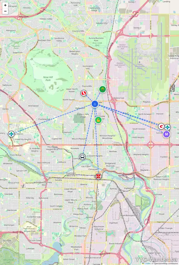 Daily accessibility map for 4807 1 ST NE, Calgary showing nearby schools, grocery stores, parks, LRT stations and nearby amenities