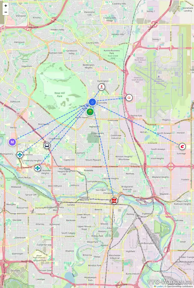 Daily accessibility map for 56 THAMES PL NW, Calgary showing nearby schools, grocery stores, parks, LRT stations and nearby amenities