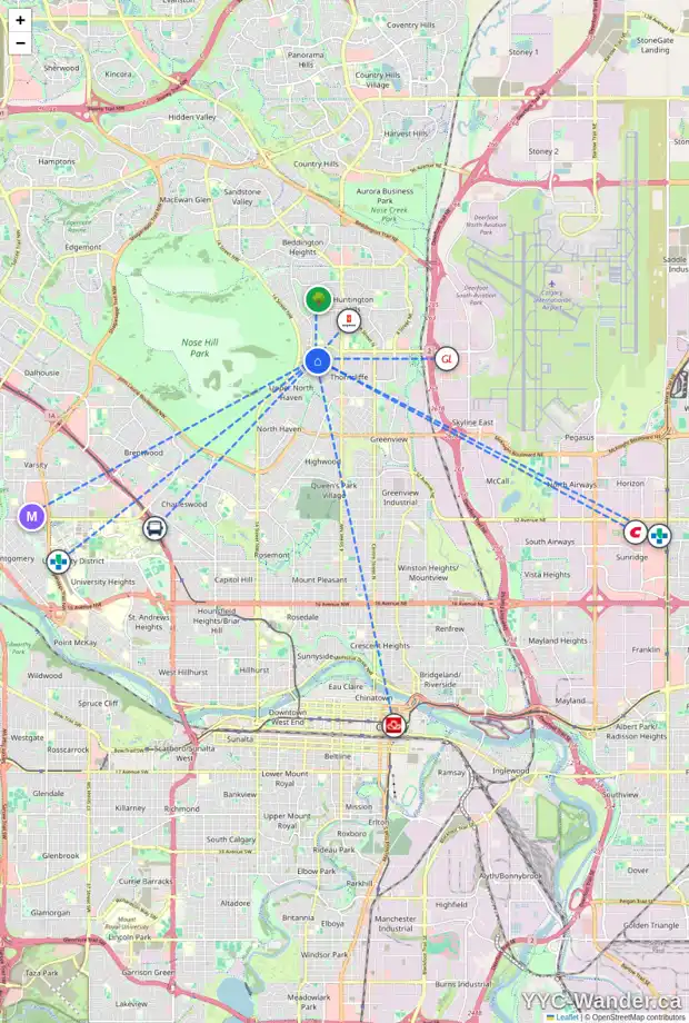 Daily accessibility map for 20 THORNWOOD PL NW, Calgary showing nearby schools, grocery stores, parks, LRT stations and nearby amenities