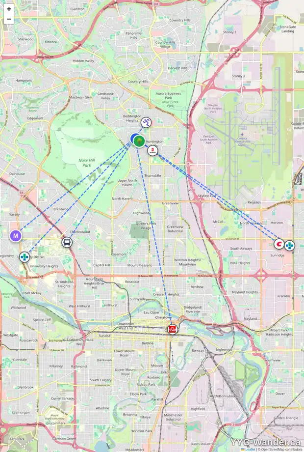 Daily accessibility map for 7803 HUNTERSLEA CR NW, Calgary showing nearby schools, grocery stores, parks, LRT stations and nearby amenities