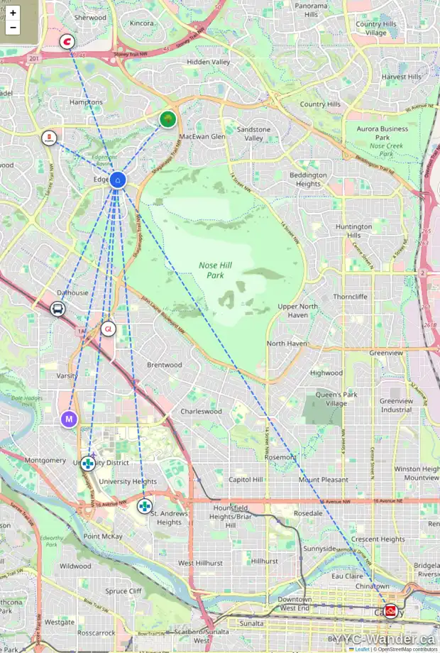 Daily accessibility map for 215 EDGEBANK PL NW, Calgary showing nearby schools, grocery stores, parks, LRT stations and nearby amenities
