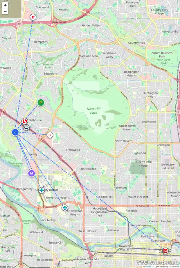 Daily accessibility map for 122 VARSITY ESTATES BA NW, Calgary showing nearby schools, grocery stores, parks, LRT stations and nearby amenities