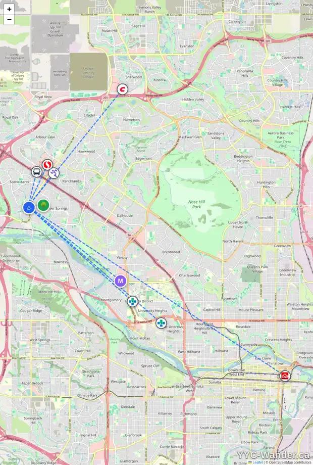 Daily accessibility map for 113 SCIMITAR BA NW, Calgary showing nearby schools, grocery stores, parks, LRT stations and nearby amenities