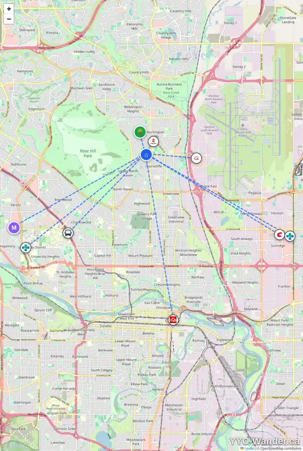 Daily accessibility map for 723 64 AV NW, Calgary showing nearby schools, grocery stores, parks, LRT stations and nearby amenities