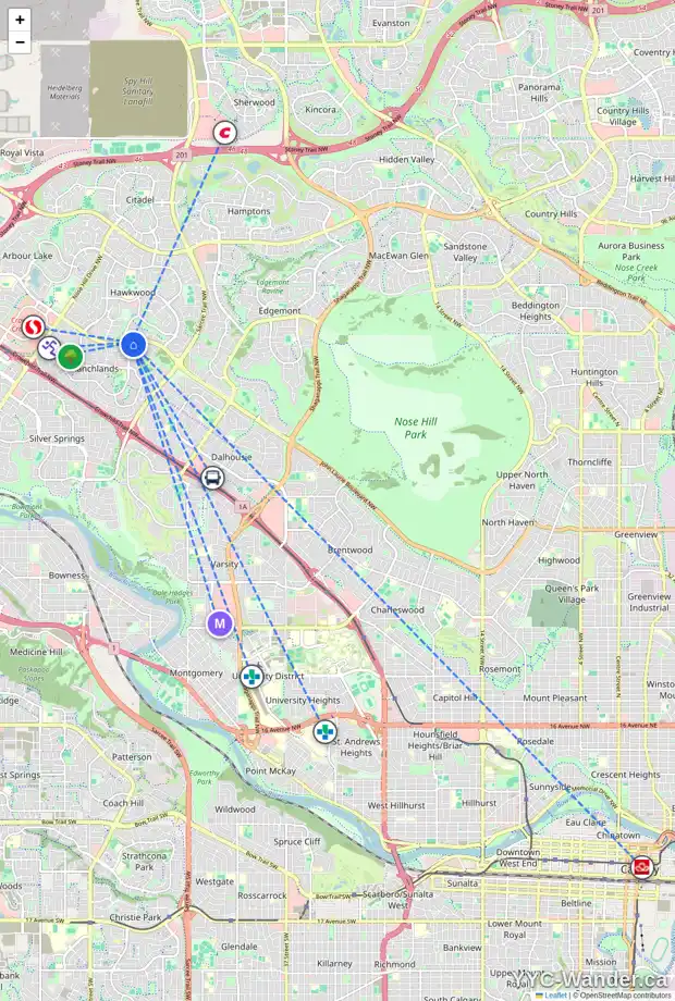 Daily accessibility map for 99 RANCH ESTATES RD NW, Calgary showing nearby schools, grocery stores, parks, LRT stations and nearby amenities