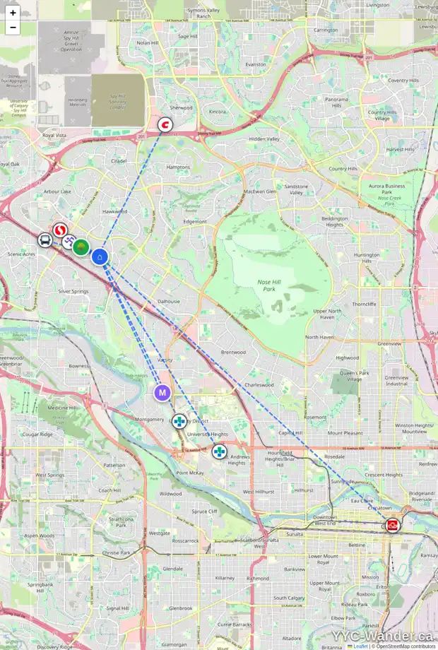 Daily accessibility map for 1259 RANCHVIEW RD NW, Calgary showing nearby schools, grocery stores, parks, LRT stations and nearby amenities