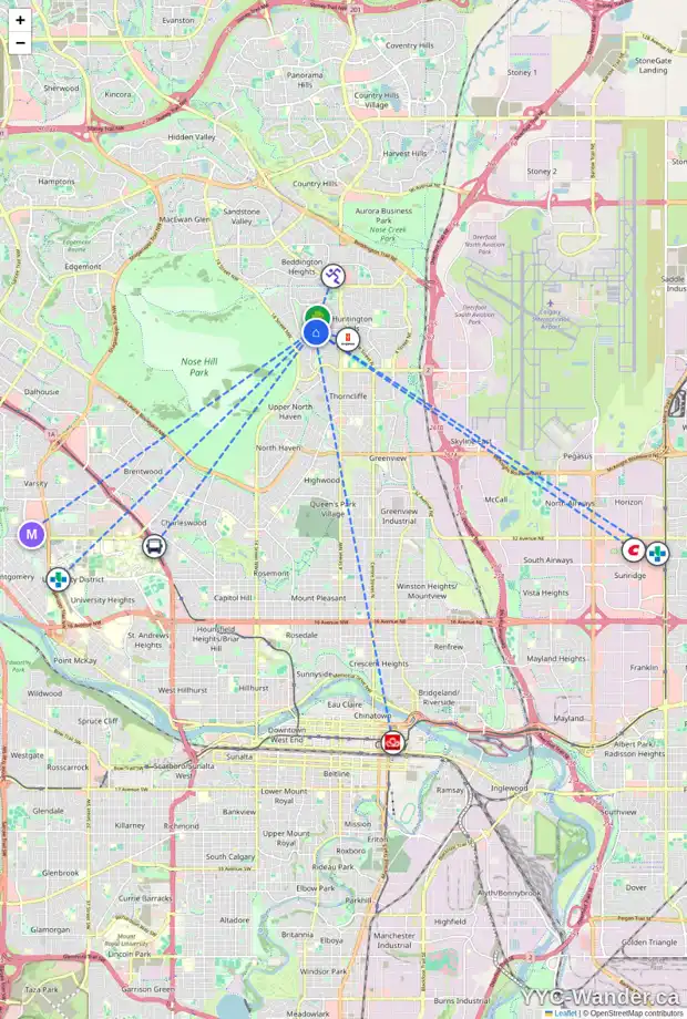 Daily accessibility map for 7402 10 ST NW, Calgary showing nearby schools, grocery stores, parks, LRT stations and nearby amenities