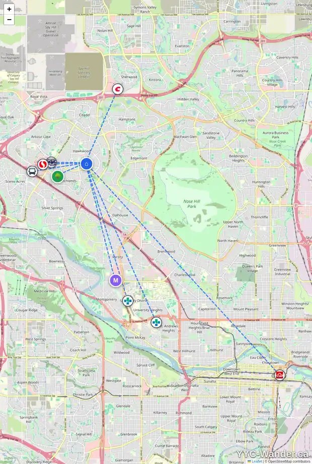 Daily accessibility map for 139 HAWKSBROW DR NW, Calgary showing nearby schools, grocery stores, parks, LRT stations and nearby amenities