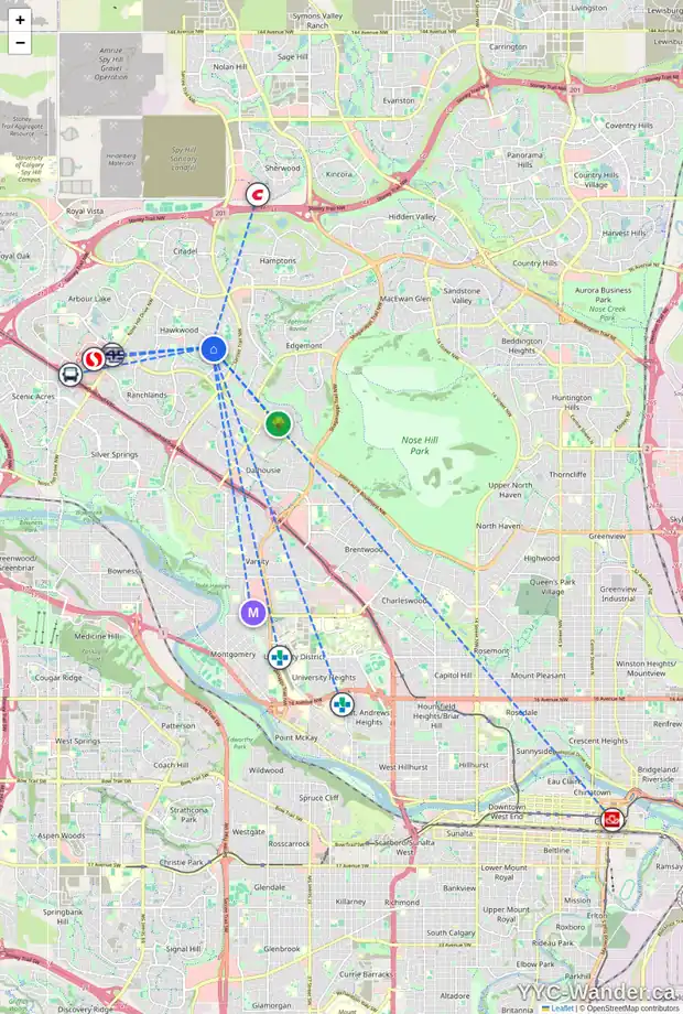 Daily accessibility map for 231 HAWKWOOD BV NW, Calgary showing nearby schools, grocery stores, parks, LRT stations and nearby amenities
