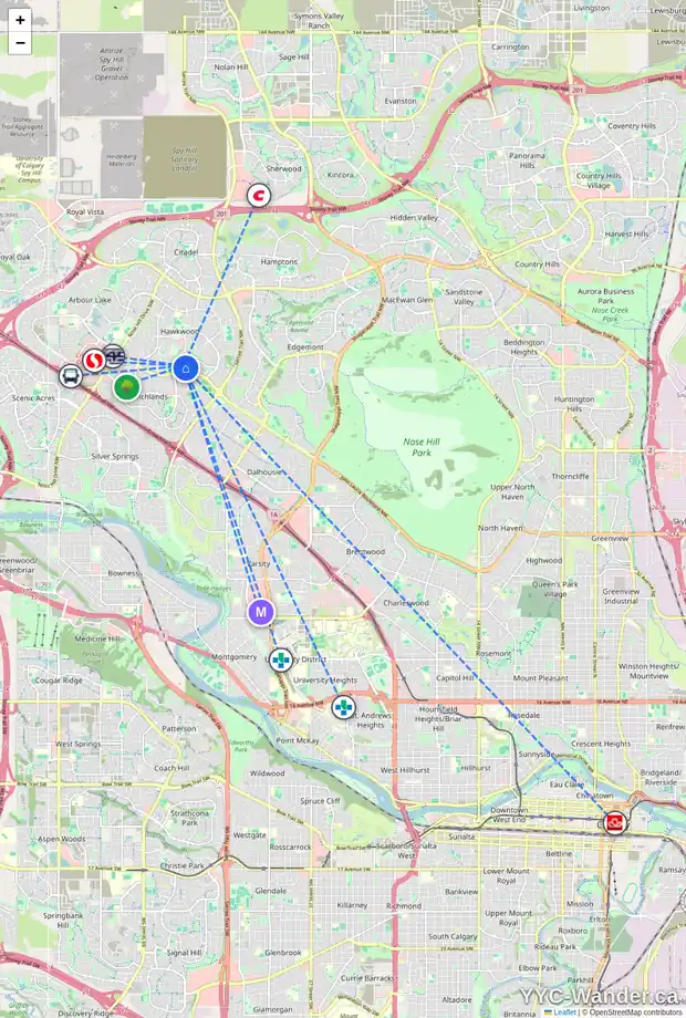 Daily accessibility map for 116 HAWKLEY VALLEY RD NW, Calgary showing nearby schools, grocery stores, parks, LRT stations and nearby amenities