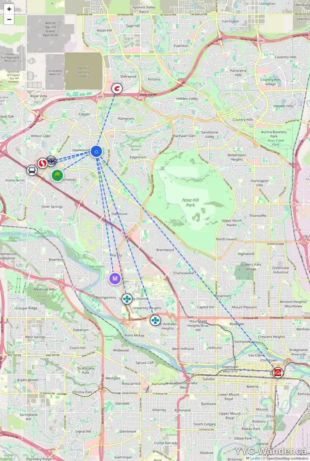 Daily accessibility map for 107 HAWKFORD CR NW, Calgary showing nearby schools, grocery stores, parks, LRT stations and nearby amenities