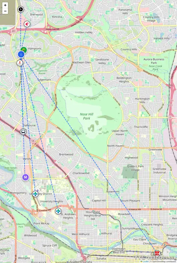 Daily accessibility map for 152 HAMPSHIRE CI NW, Calgary showing nearby schools, grocery stores, parks, LRT stations and nearby amenities
