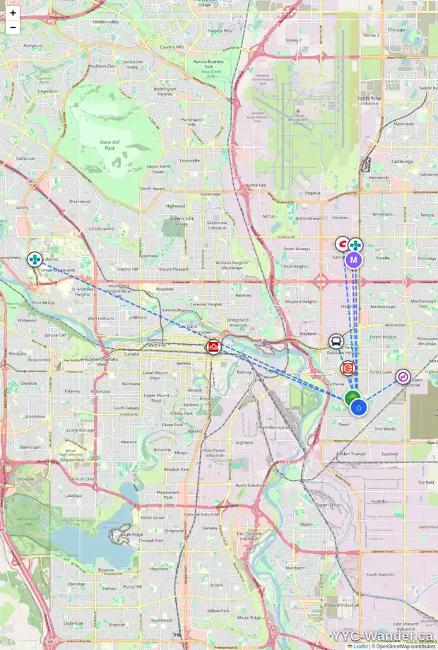 Daily accessibility map for 3454 30A AV SE, Calgary showing nearby schools, grocery stores, parks, LRT stations and nearby amenities