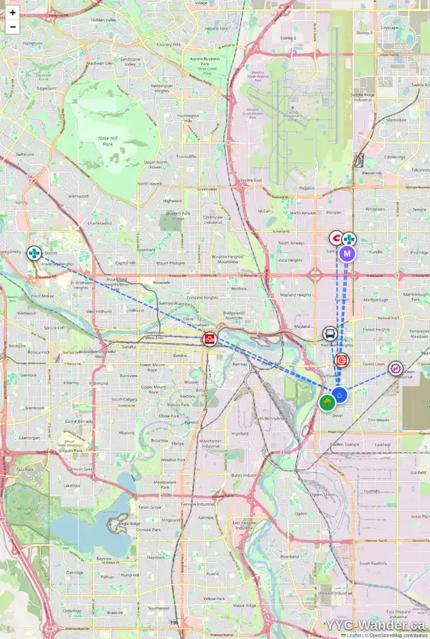 Daily accessibility map for 3032 29A ST SE, Calgary showing nearby schools, grocery stores, parks, LRT stations and nearby amenities
