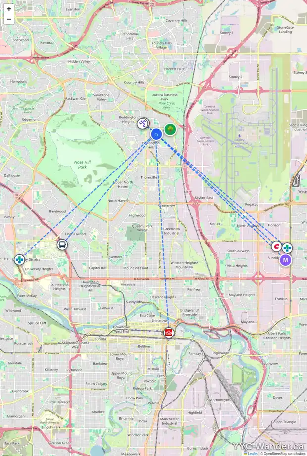 Daily accessibility map for 36 HUNTHAM RD NE, Calgary showing nearby schools, grocery stores, parks, LRT stations and nearby amenities