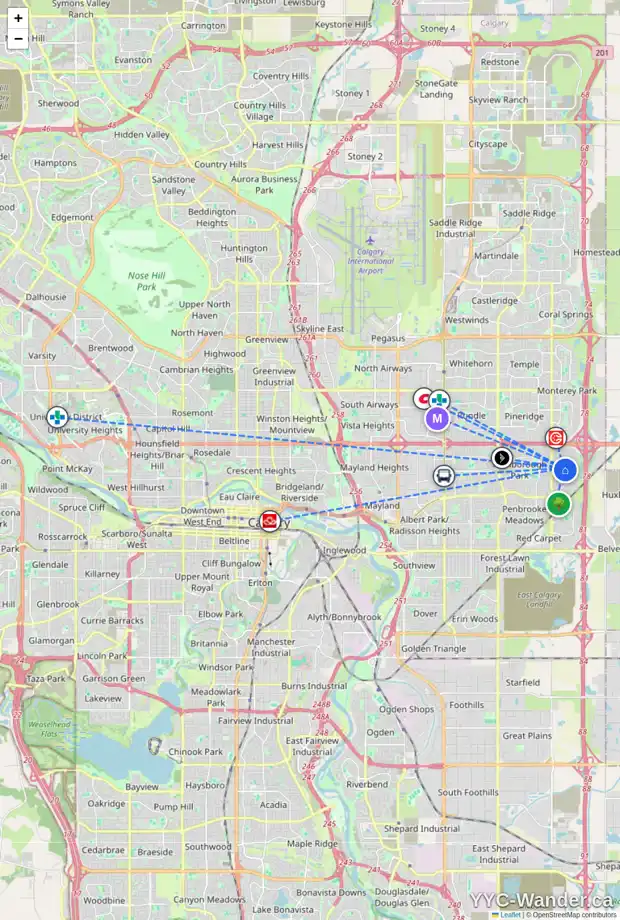 Daily accessibility map for 879 ABBEYDALE DR NE, Calgary showing nearby schools, grocery stores, parks, LRT stations and nearby amenities