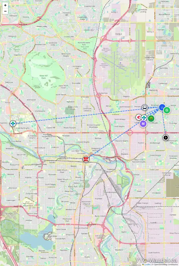 Daily accessibility map for 119 WHITESIDE CR NE, Calgary showing nearby schools, grocery stores, parks, LRT stations and nearby amenities